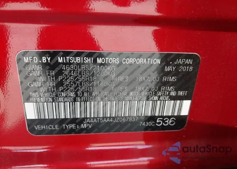 2018 Mitsubishi Eclipse Cross Se/Sel из США, поврежденный, VIN JA4AT5AA4JZ067837